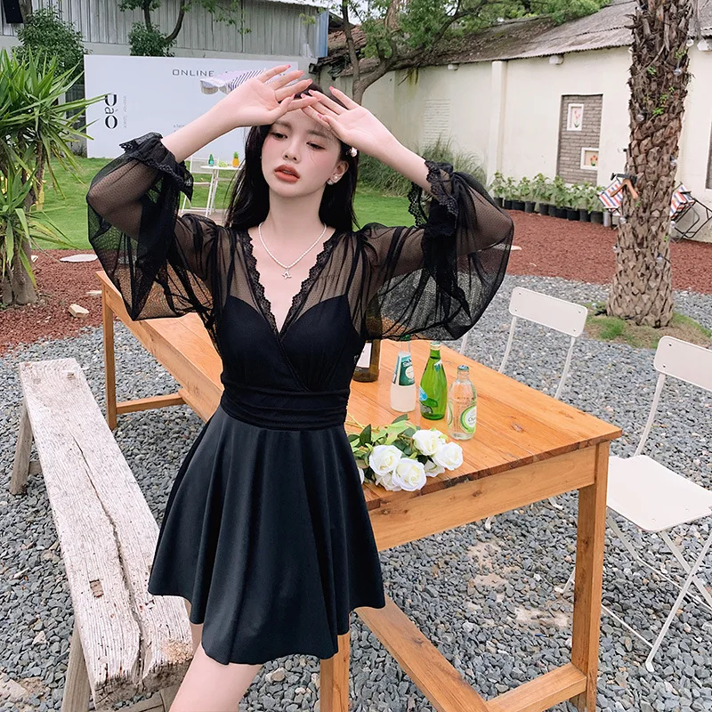 2024 New Korean V-neck One Piece Swimwear Women Dress Summer Lace Long Sleeve Push Up Black Ruffle Vacation Swimsuit Beach Wear