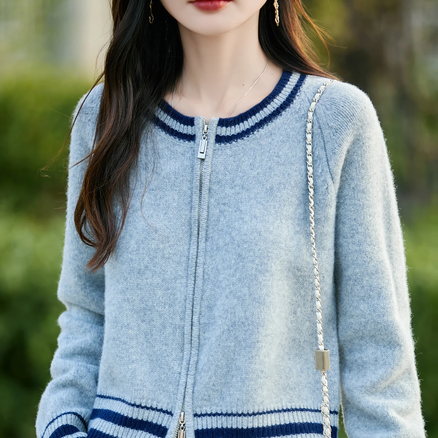 

S-XXL New Women's Knitted 100% Merino Wool O-neck Sweater Color blocked Autumn and Winter Women's Full Sleeve Cardigan Sweater