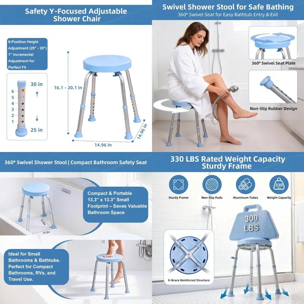 Adjustable Height Rotating Shower Seat for Elderly and Disabled, 6-Level Height, 330 lbs Capacity, Anti-Slip Bath Stool