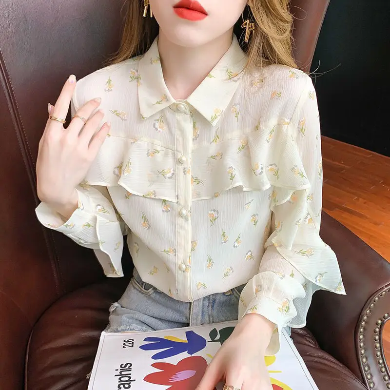 Lotus Leaf Edge Chiffon Shirt Women's New Fashionable and Stylish Small Shirt Thin Cardigan Long Sleeved Top