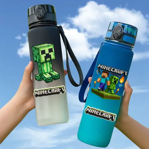 650ML Anime Game MC Pixel Style Water Blue Bottle Portable Water Cup Large Capacity Sports Outdoor Plastic LeakProof WaterBottle