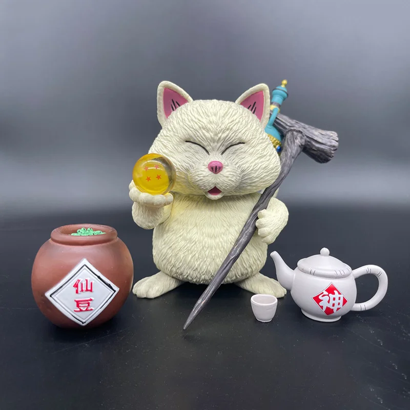 Figura de Gato Inmortal Korin de Dragon Ball con Tarro de Frijoles Senzu, Juego de Té de Dragon Ball, Decoración de Escritorio, Regalo Coleccionable de Anime para Fanáticos