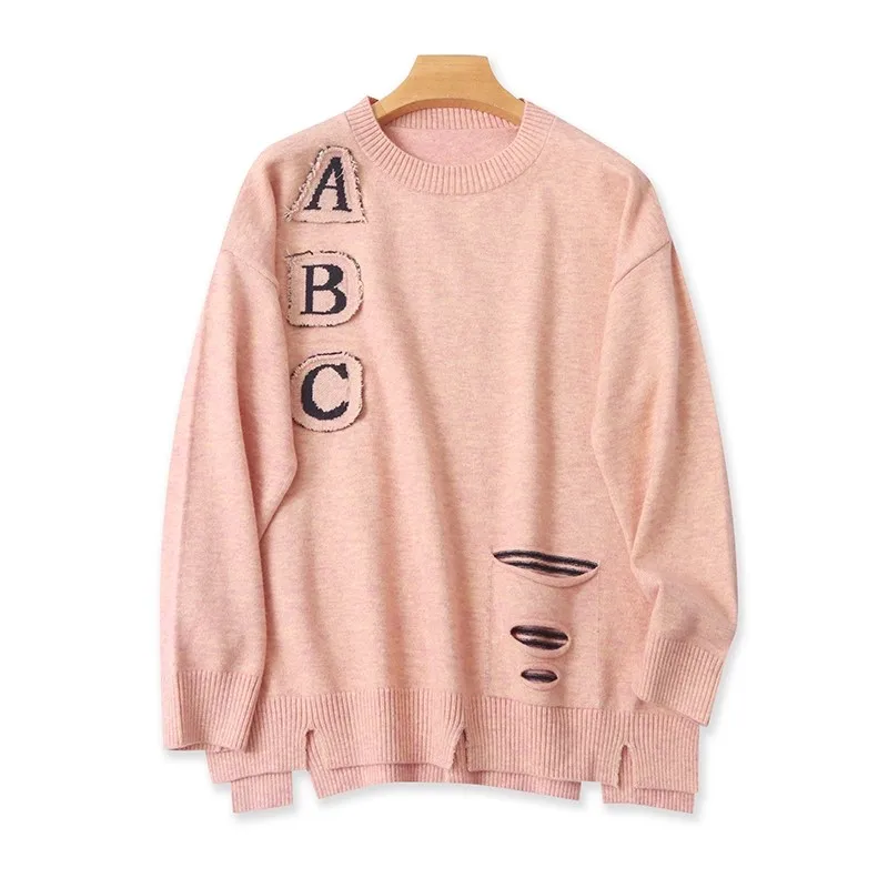 เสื้อสเวตเตอร์ไหมพรมถักทรงหลวม แขนยาว สำหรับผู้หญิง แฟชั่นฤดูใบไม้ร่วง ฤดูหนาว ดีไซน์ลายปะติด รูระบายอากาศ ให้ความอบอุ่น สีสันหลากหลาย