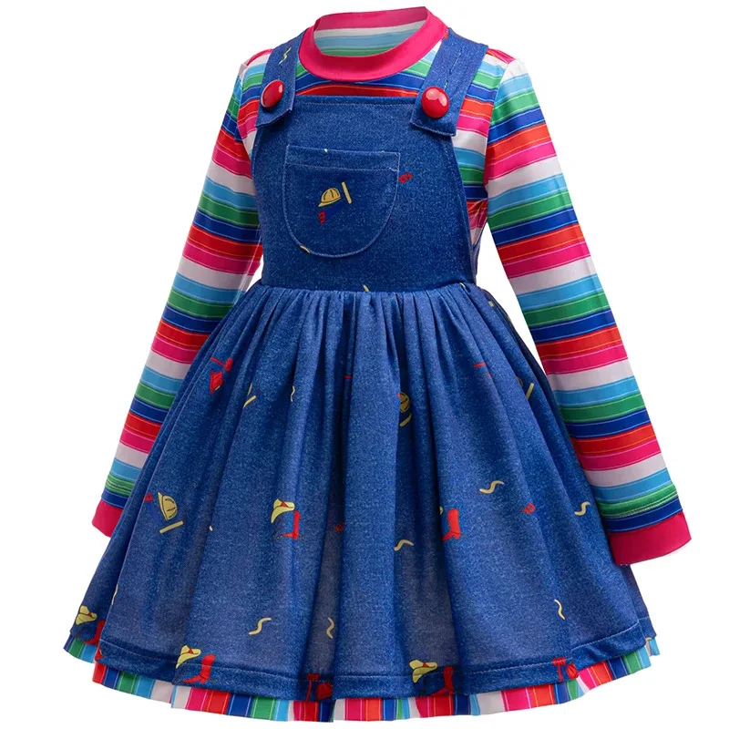 

COSda@Summer Dress Kids Clothing 2PCs Set Princess Dresses Striped Top and Suspenders Imitation denim Dress spring autumn Hallow