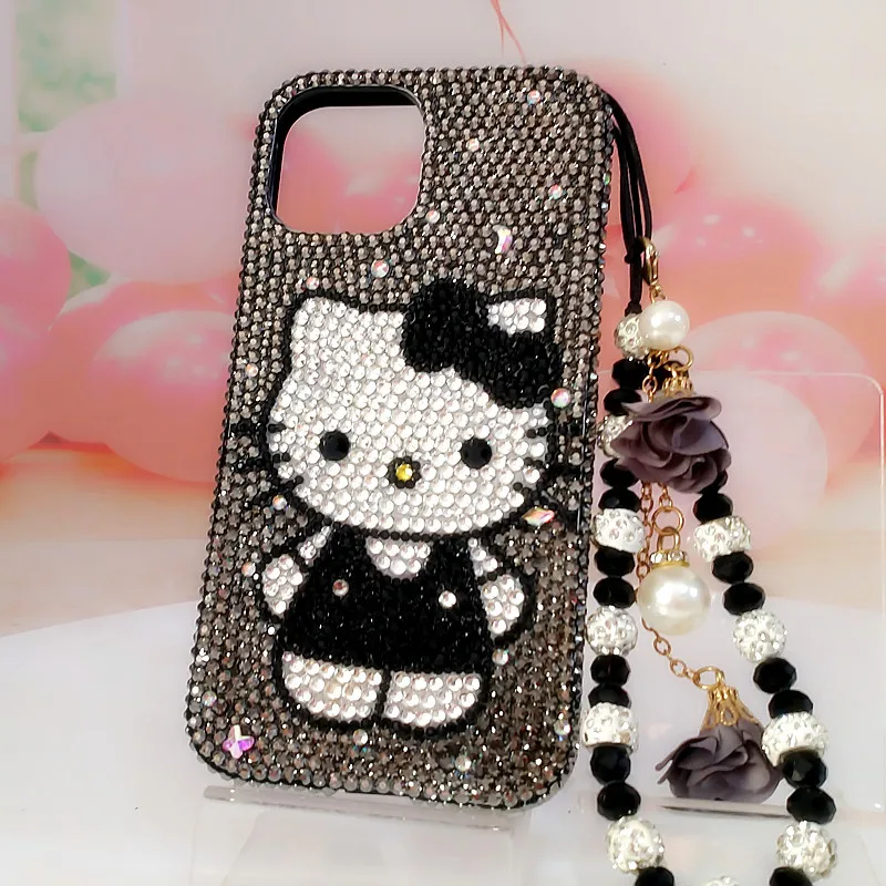 

Чехол для телефона с серыми стразами и мультяшным дизайном Sanrio Hello Kitty для iPhone 16 Pro Max, 15, 14, 13 – милый подарок для девушки на праздник