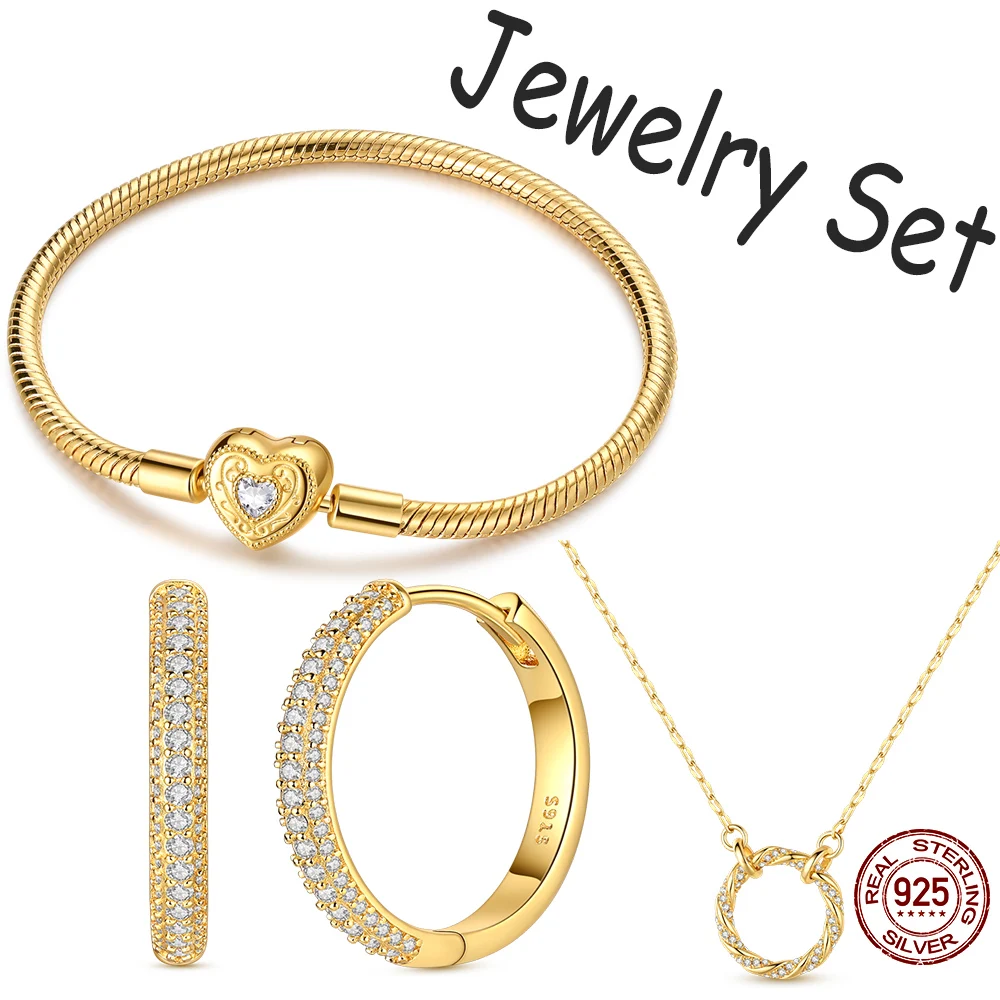 925 Sterling Silver Golden Heart Bracelet Zircon Circle Earrings Necklace 925 Silver DIY Jewelry Making