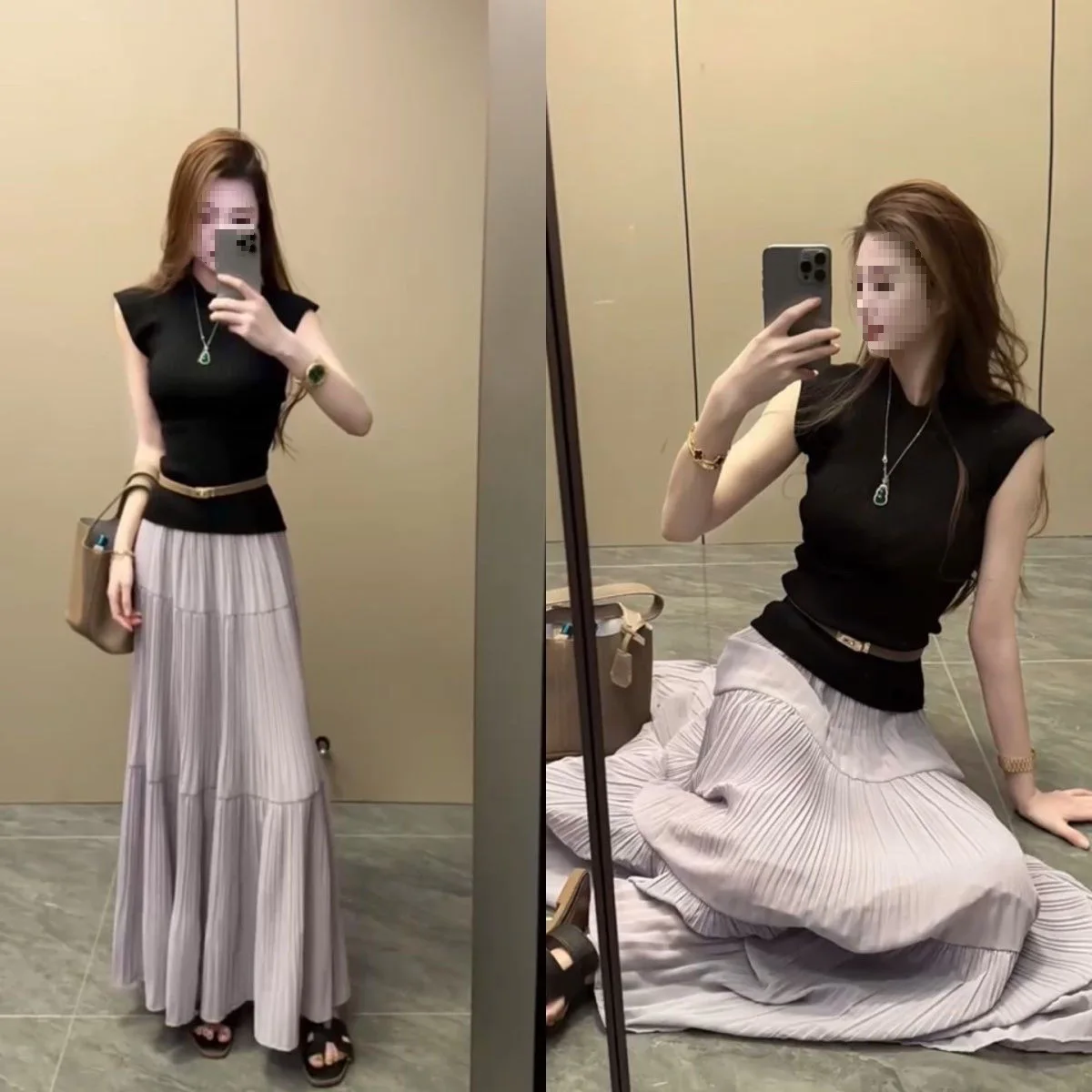 

Ele Korean Sle Women's Knitted High Collar Svel Vest Top with Pleated Skirt Faionable Summer Outfit Set