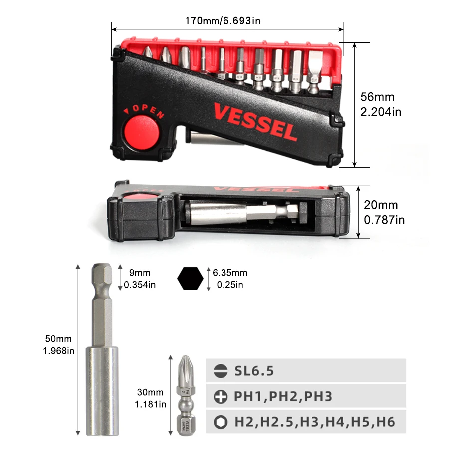 VESSEL 11 Pieces Screwdriver Bit Set with Slide Case For Slotted, Phillips, Hex Screws NO.IB11