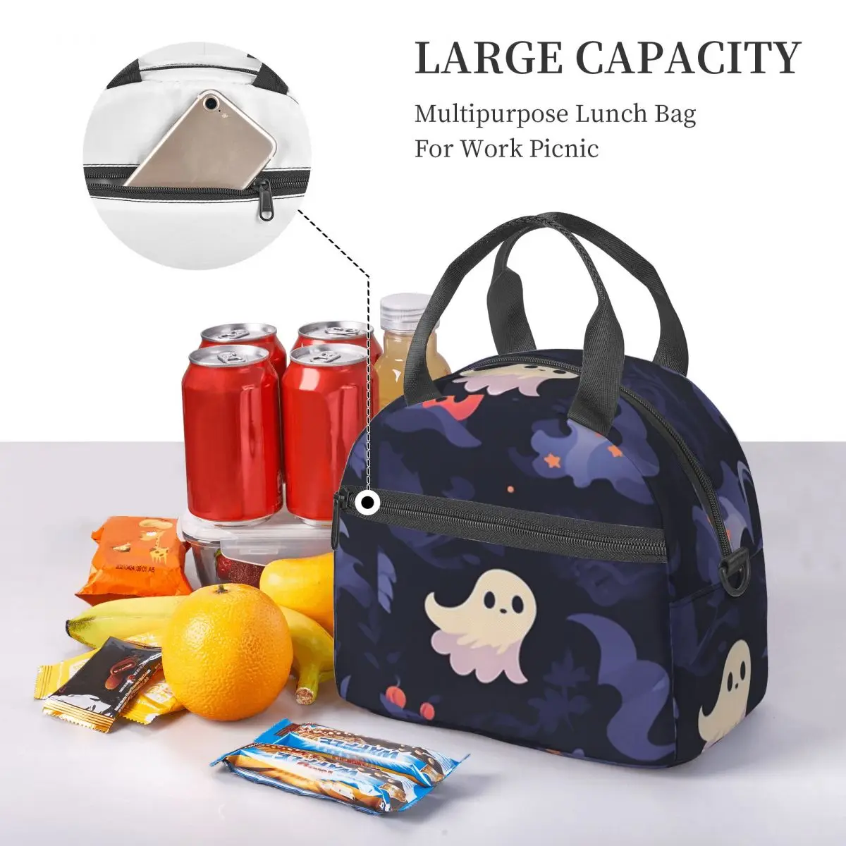 Ghost Pumpkin Halloween Lunch Bags Insulated Bento Box Resuable Lunch Tote Picnic Bags Thermal Bag for Woman Office