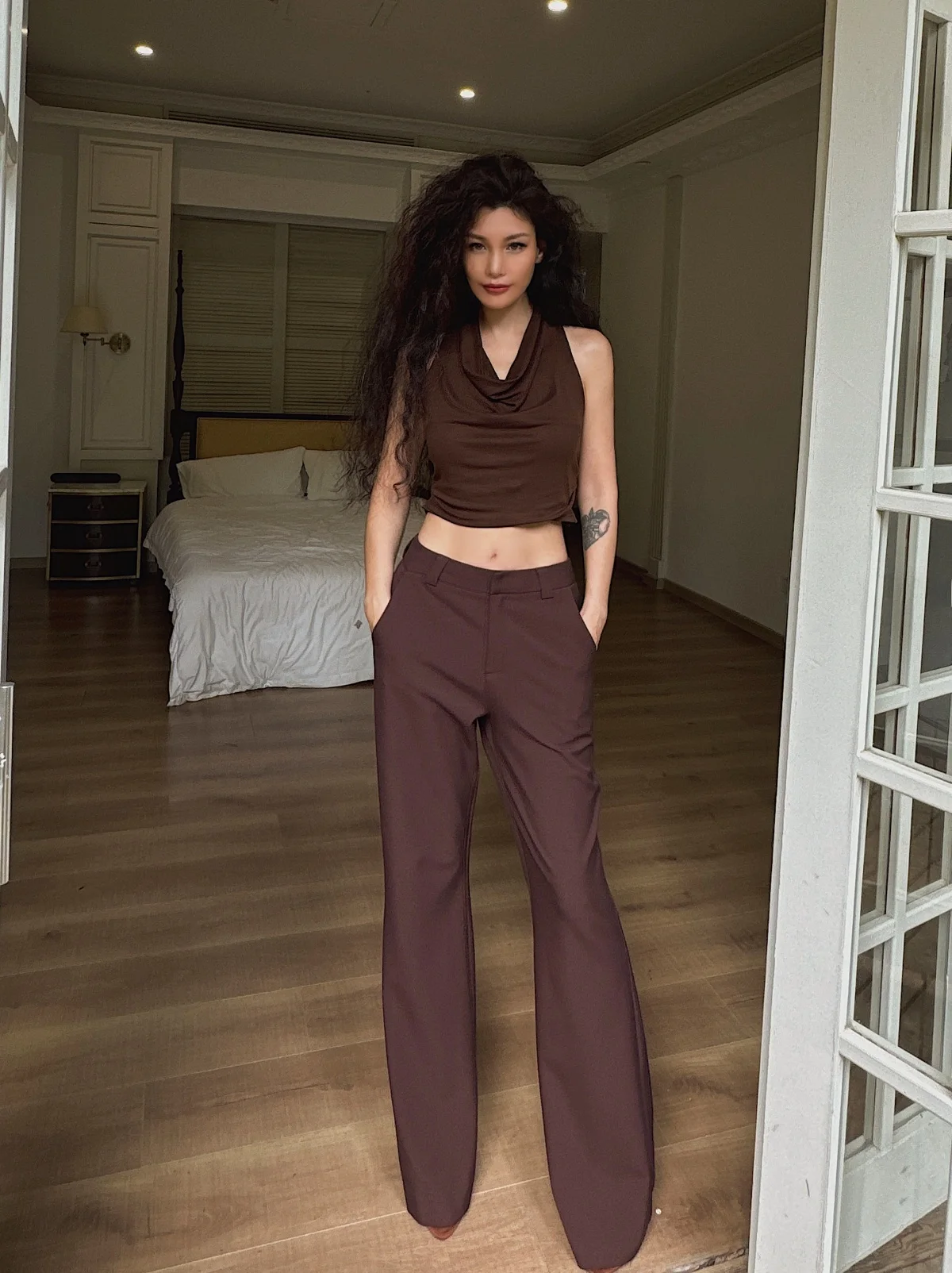 

DuanStyle Original Casual Loose Mid-Low Waist Bell Bottom West Pants High Waist Butt Enhancing Comfortable Polyester Blend