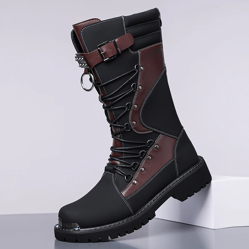 

large size mens fashion punk gothic high motorcycle boots black designer rivets shoes cowboy natural leather boot long botas man