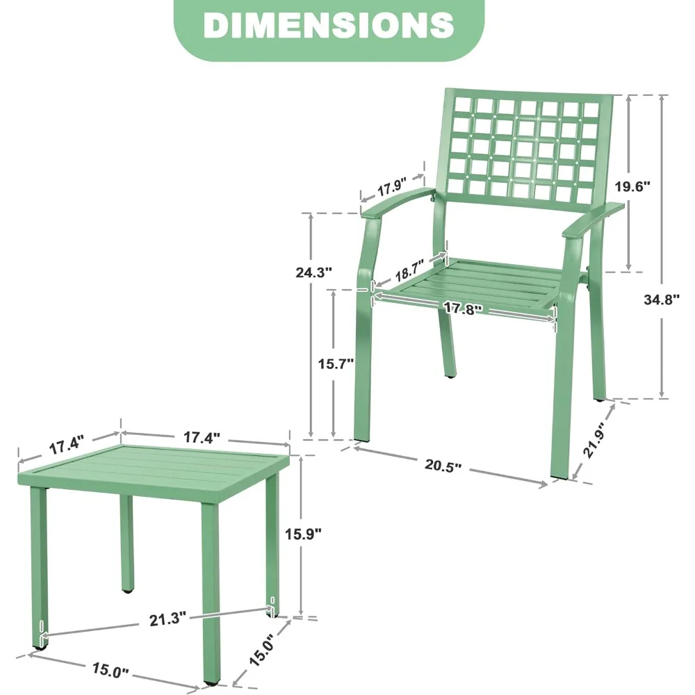 مجموعة أثاث الفناء الخارجي لجميع الأحوال الجوية - بيسترو مكون من 3 قطع مع كراسي معدنية قابلة للتكديس وطاولة مربعة، مقاومة للماء ومتينة #6