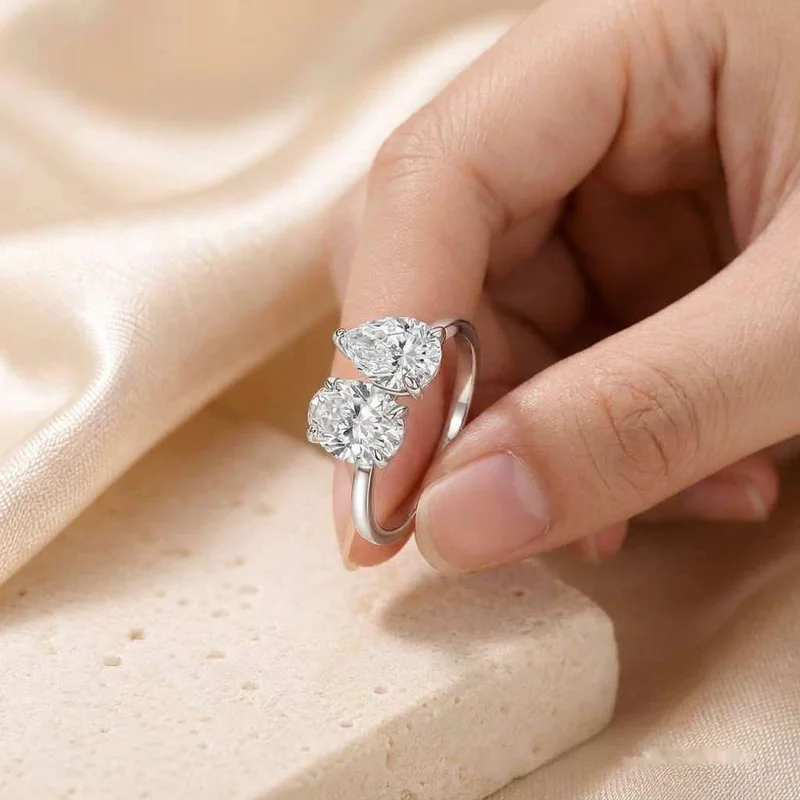 925 Sterling Silver Pear & Round Double CZ Exquisite Ring Diamond Fashion Women Engagement Cubic Zircon Anniversary Fine Jewelry
