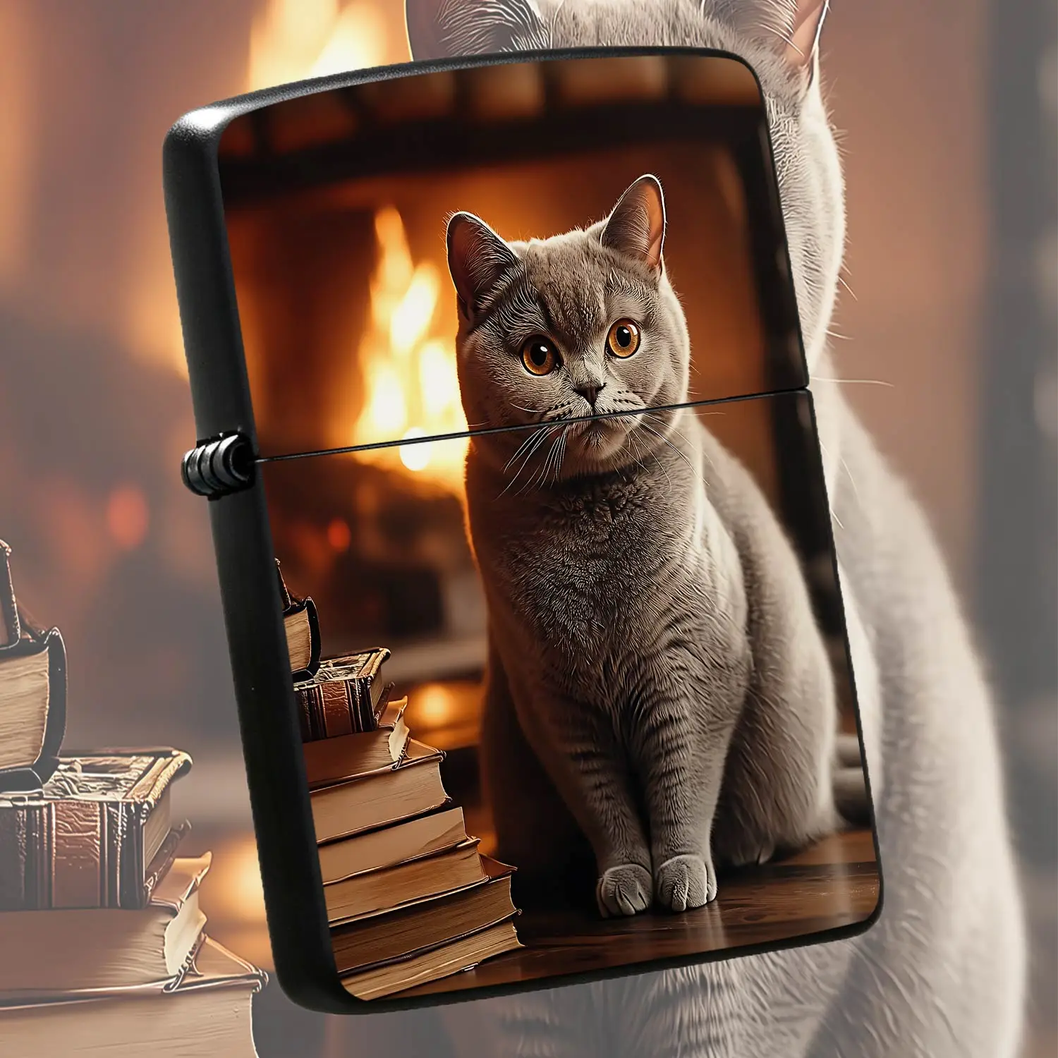 Warm Hearth British Shorthair Cat Pattern Portable Lighter, Retro Stacked Old Books Aesthetic Delicate Craft, Multi-Scenario Practical Accessory For Home Outdoor Daily Use, Thoughtful Gift For Friends And Pet Lovers, Coz A Humorou And Inter