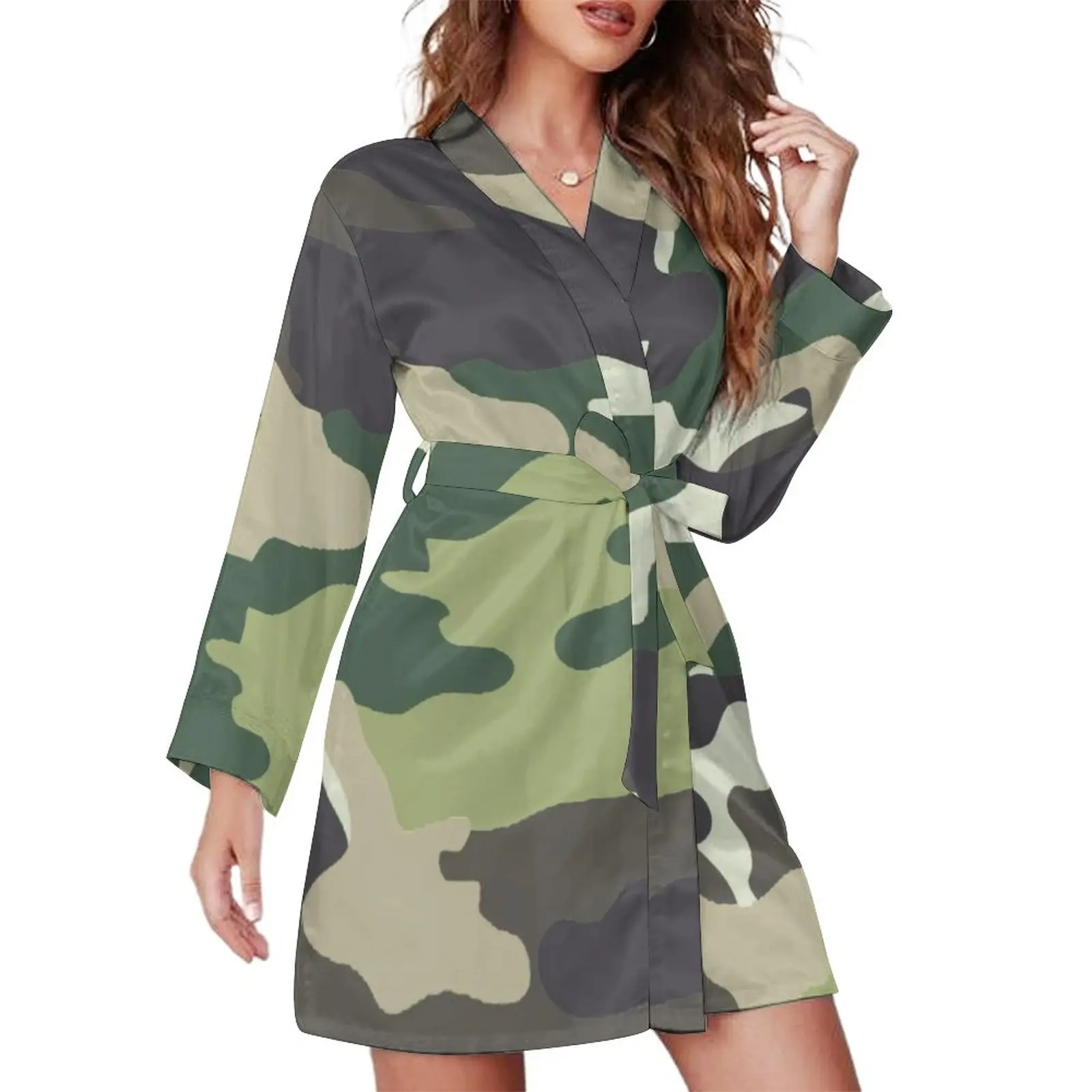 Multi Camouflage Pajama Robe V Neck Green Camo Print Graphic Bathrobe Lady Long Sleeve Sexy Pajamas Robes Daily Bedroom Dress