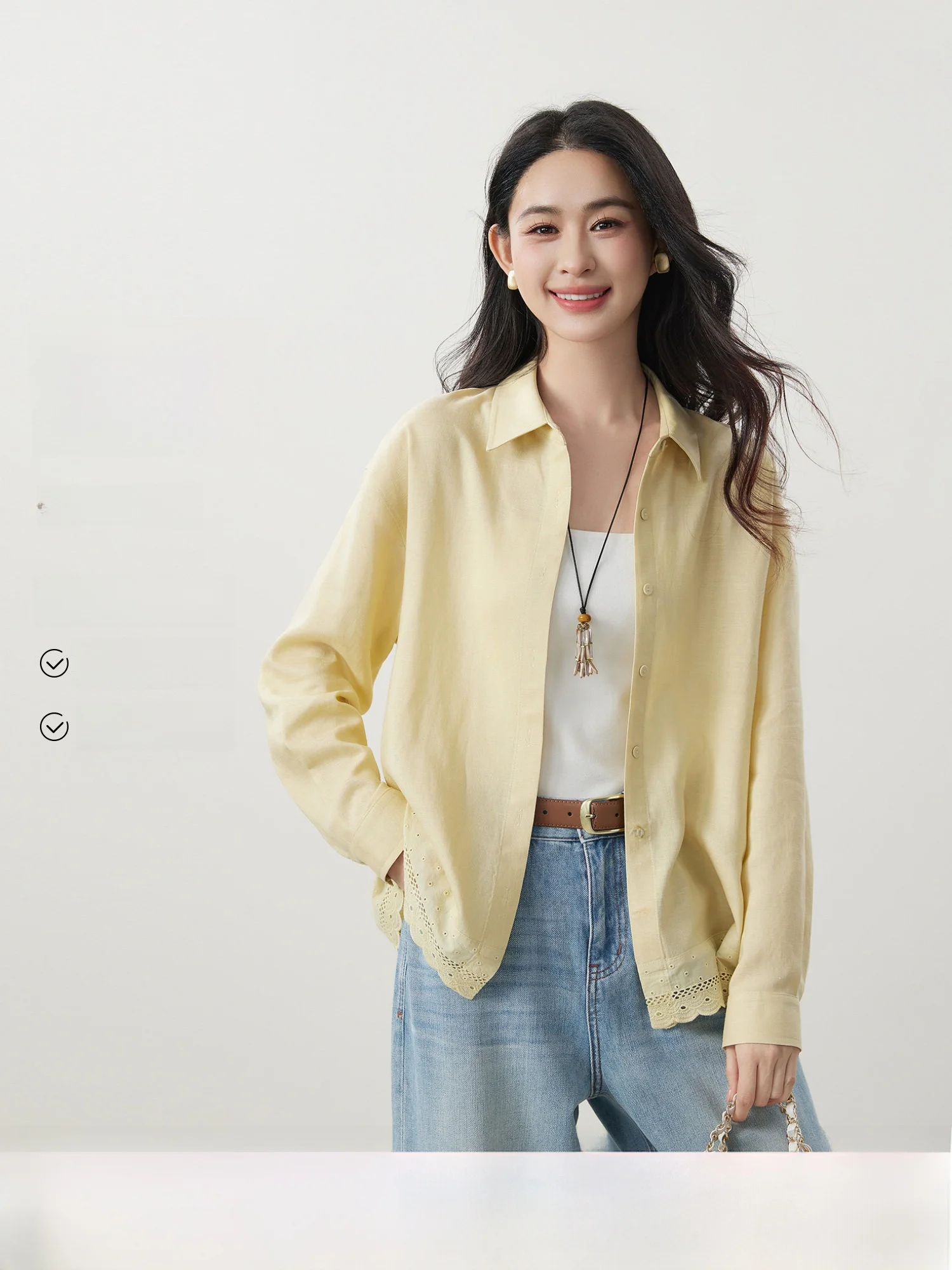 

Elegant Women's Linen Shirt Embroidered Hollow out Wave Spring New Style Loose Fit Long Sleeve Classic Collar Top