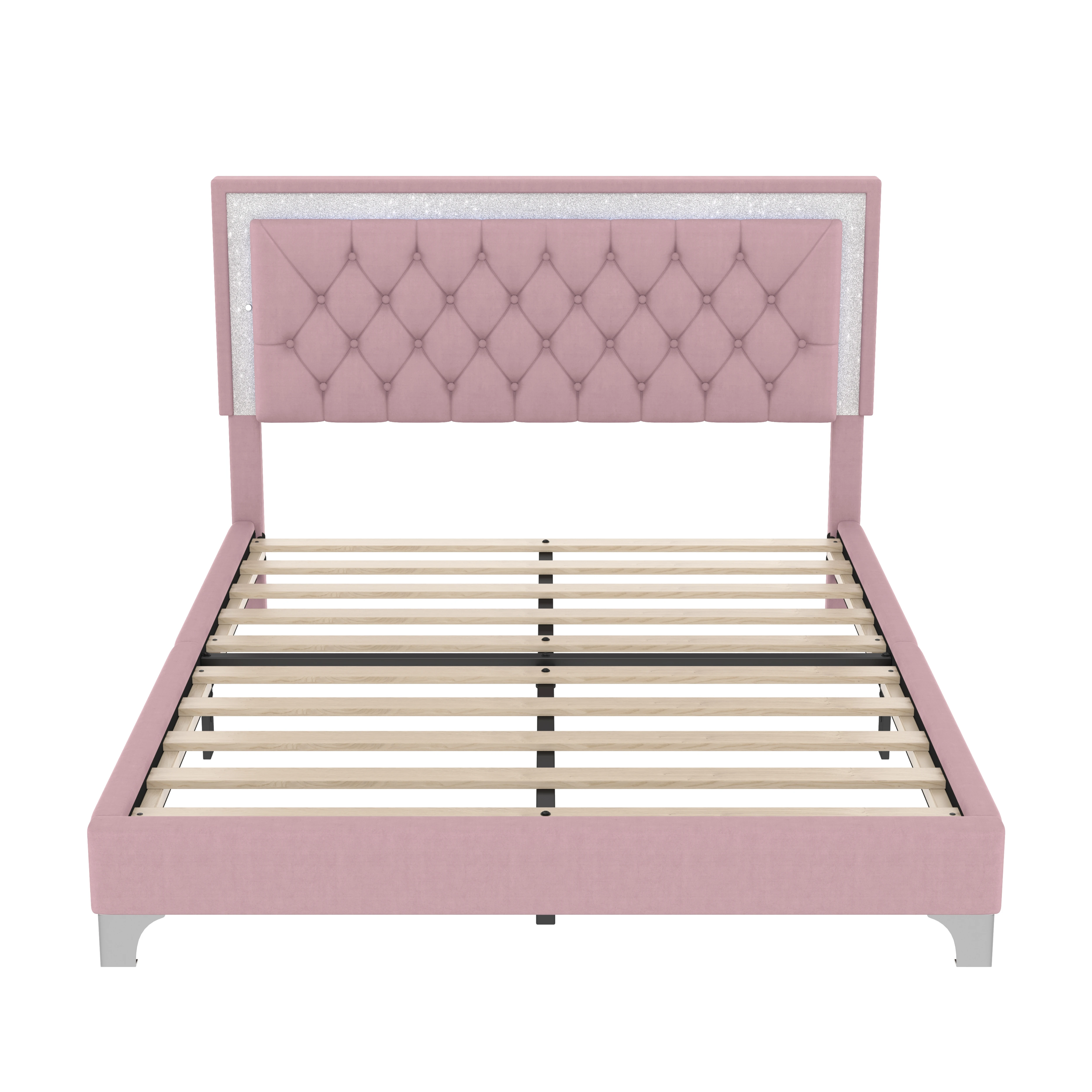 

Queen Size 3-Piece Bedroom Furniture Set Upholstered Platform Bed with LED Lights Two Pink Nightstands