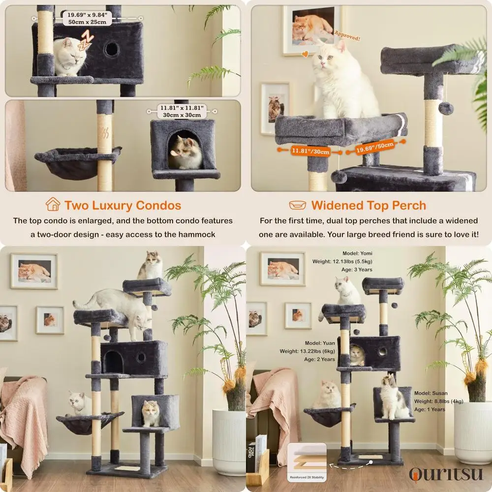 

57 Большая кошачья башня с 2 насестами, 2 комодами, гамак, когтеточками, темно-серая