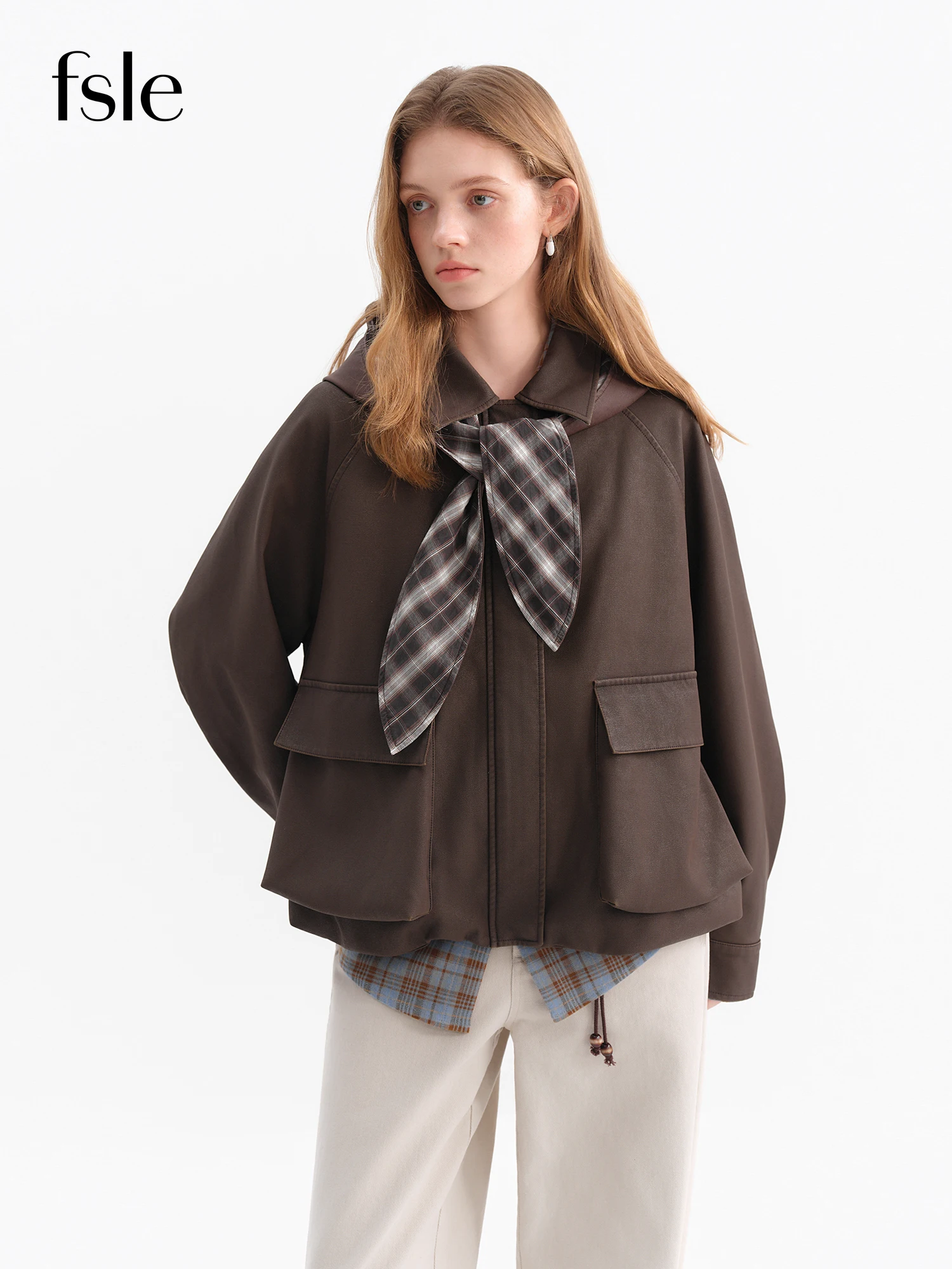 

FSLE женская винтажная клетчатая кожаная куртка со съемным капюшоном и баской подолом, пальто, верхняя одежда, осень 2021, осенняя шикарная куртка для женщин