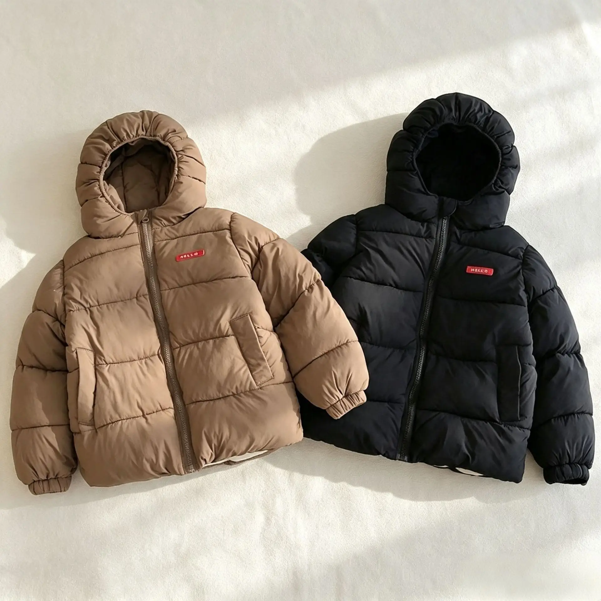 Kids Hooded Puffer Jacket Full Zip Padded Winter Coat Boys Girls Versatile Fleece Thick Warm Quilted Outerwear Autumn Tops 3-8Y