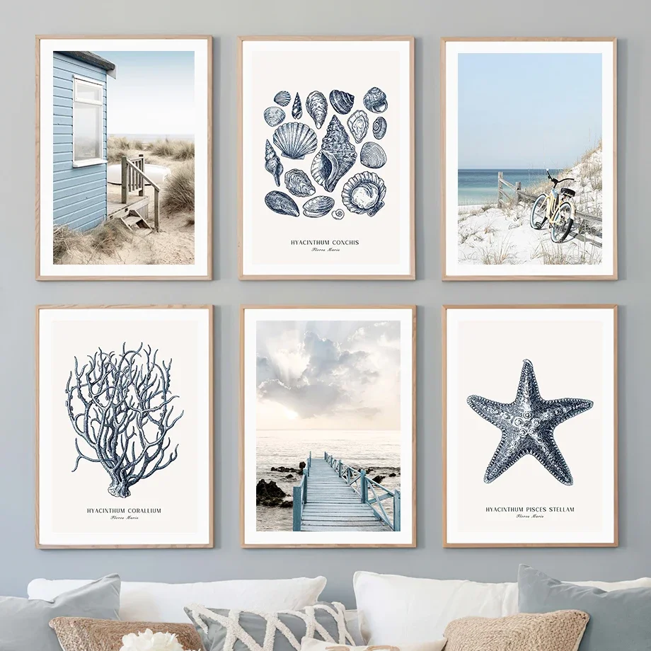 Beach Hut Bridge Reed Starfish Conch Coral Ocean Wall Art Canvas Painting Posters And Prints Wall Pictures For Living Room Decor