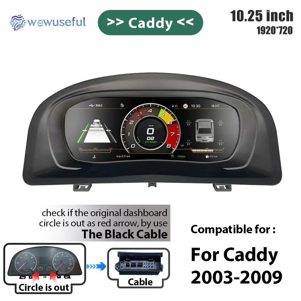 Wowuseful 10,25 LCD-Digital-Armaturenbrett-Cluster für VW Variant Caddy Touran T6 EOS Sharan Golf 5, virtuelles Instrumententafel-Cockpit