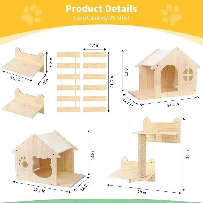 9-Piece Cat Wall Furniture Set Indoor Playground Climbing Perches Scratching Posts Suspension Bridge House-Premium Pet Products