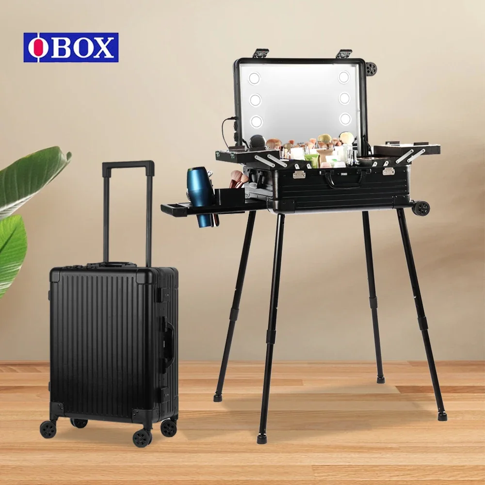 Profession Makeup Train Suitcase with LED Lights and Speaker Rolling Travel Cosmetic Organizer Artist Case