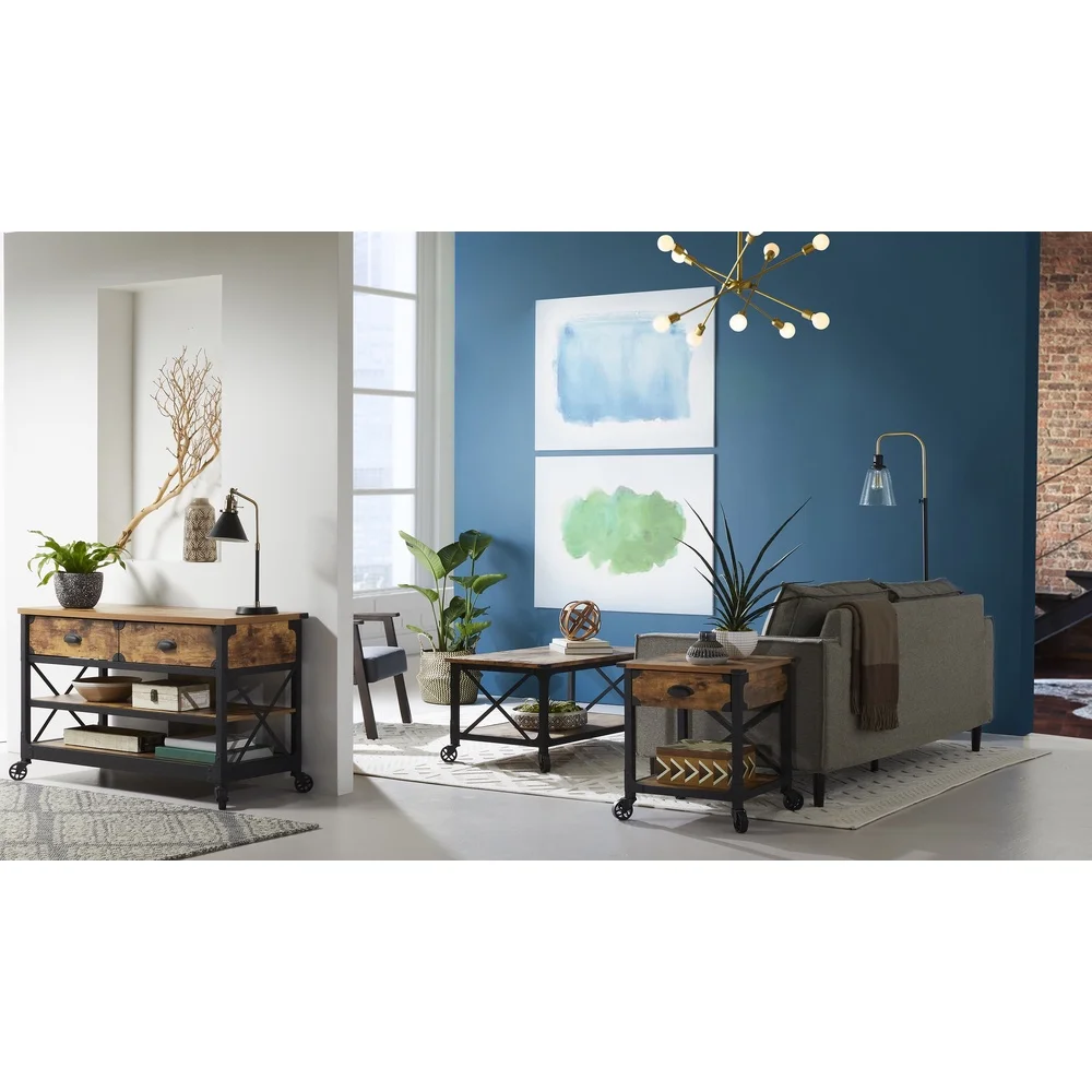 Rustic Coffee Table Weathered Pine Finish Industrial Design Open Shelving Multi-functional TV Stand with Locking Casters Indoor