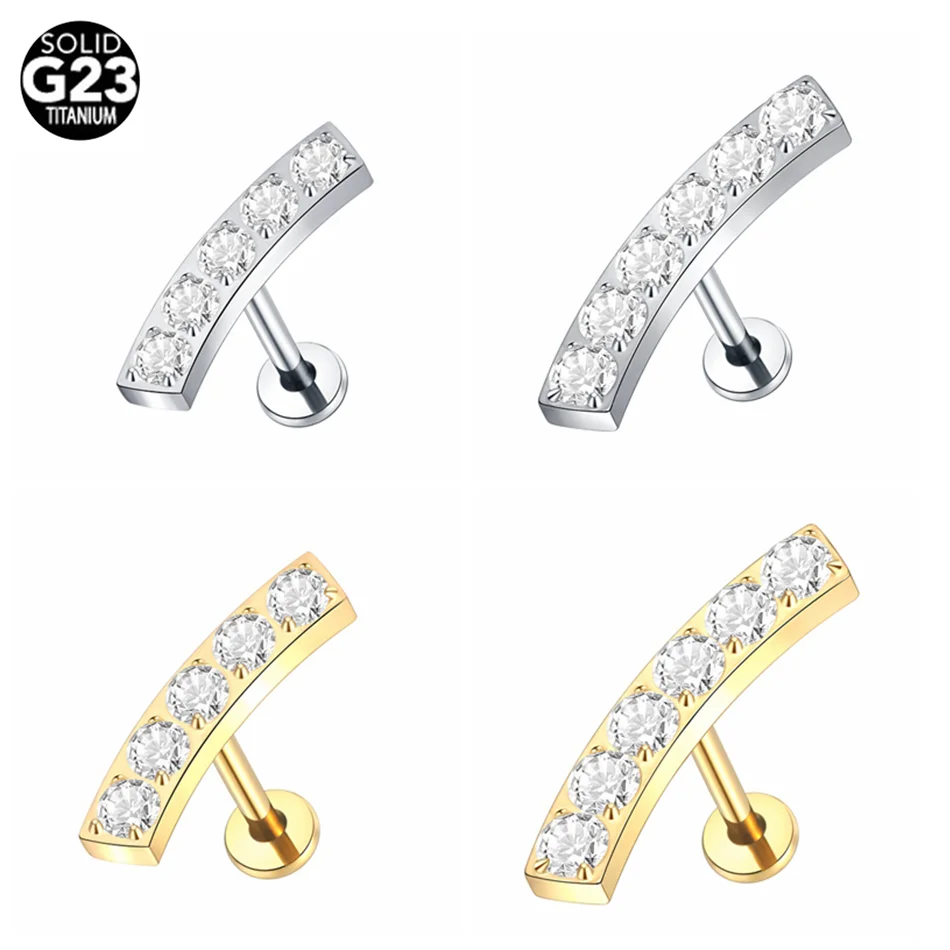 Piercing Labret Titanium Grau de Implante, 5 CZ Prong Set, Brinco traseiro plano superior, Jóia do corpo, 1Pc