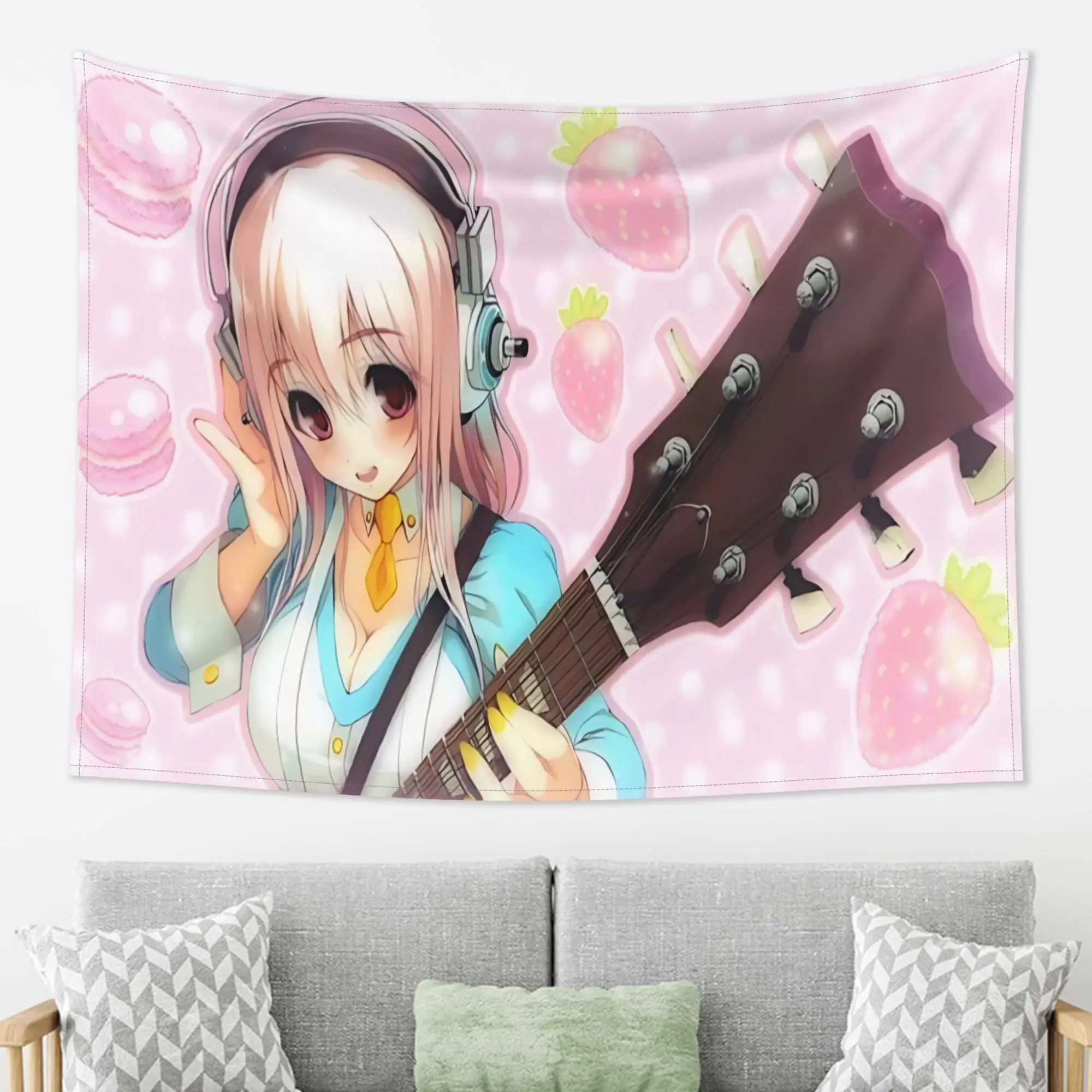 1pc S-Super Sonico Guitar Strawberry Anime Tapestry, Kawaii Anime Girl Headphone Macaron Wall Hanging, Multiple Sizes