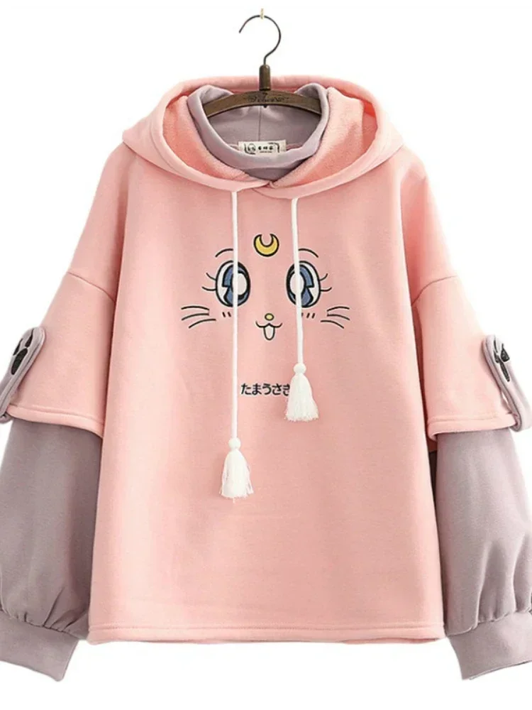 High Quality Cat Embroidery Fleece Hooded Sweatshirts Winter Women Harakuju Cute Hoodies Long Sleeve Kawaii Pullover Tracksuits