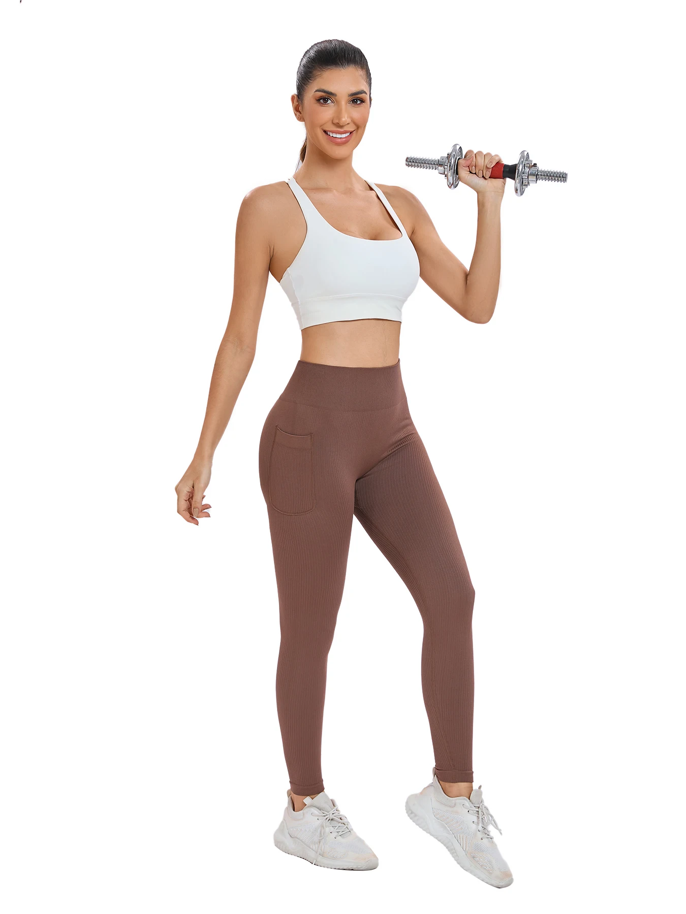 Women's solid color threaded sports leggings seamless cross-border yoga pants high-waisted fitness pants Yoga wear with pocket image 6