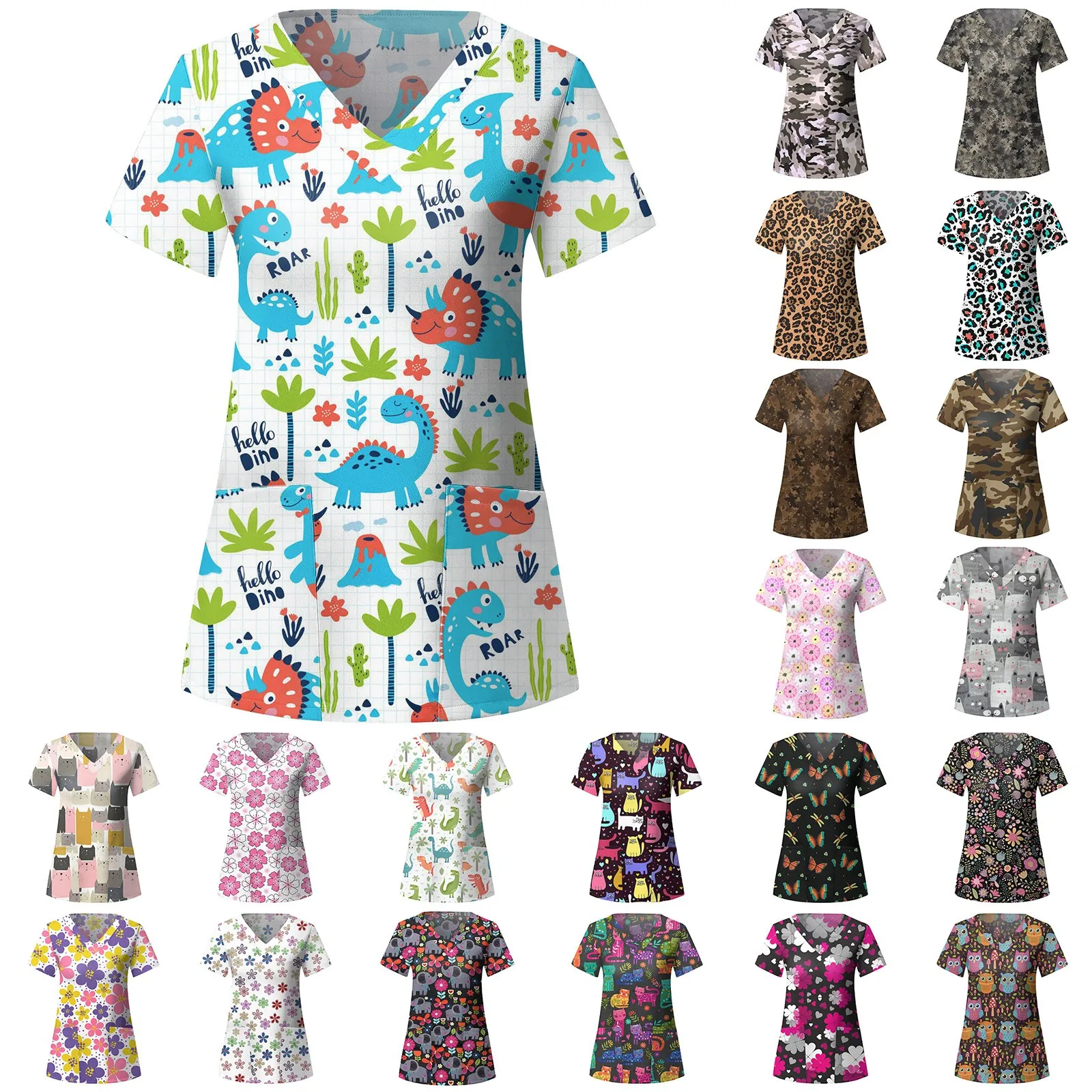 Christmas Scrubs Medical Uniforms Woman Santa Print Nurse Tops Pet Groom Uniform Short Sleeve Carer Clothes New Year Supplies