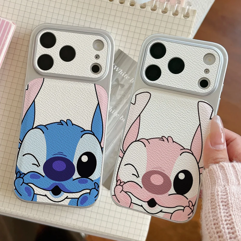 

Disney Lilo Stitch Couples Phone Case For IPhone 17 16 15 14 Electroplated Leather Shockproof Phone Accessories 13 12 11 Casing