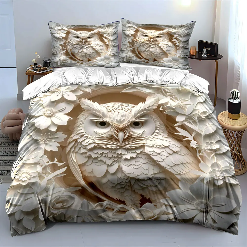 3pc 3D Plane White Owl Print Duvet Cover Set,King Queen Bedding for Bedroom Guest Room,Birthday Gift(1Duvet Cover+2 Pillowcases)