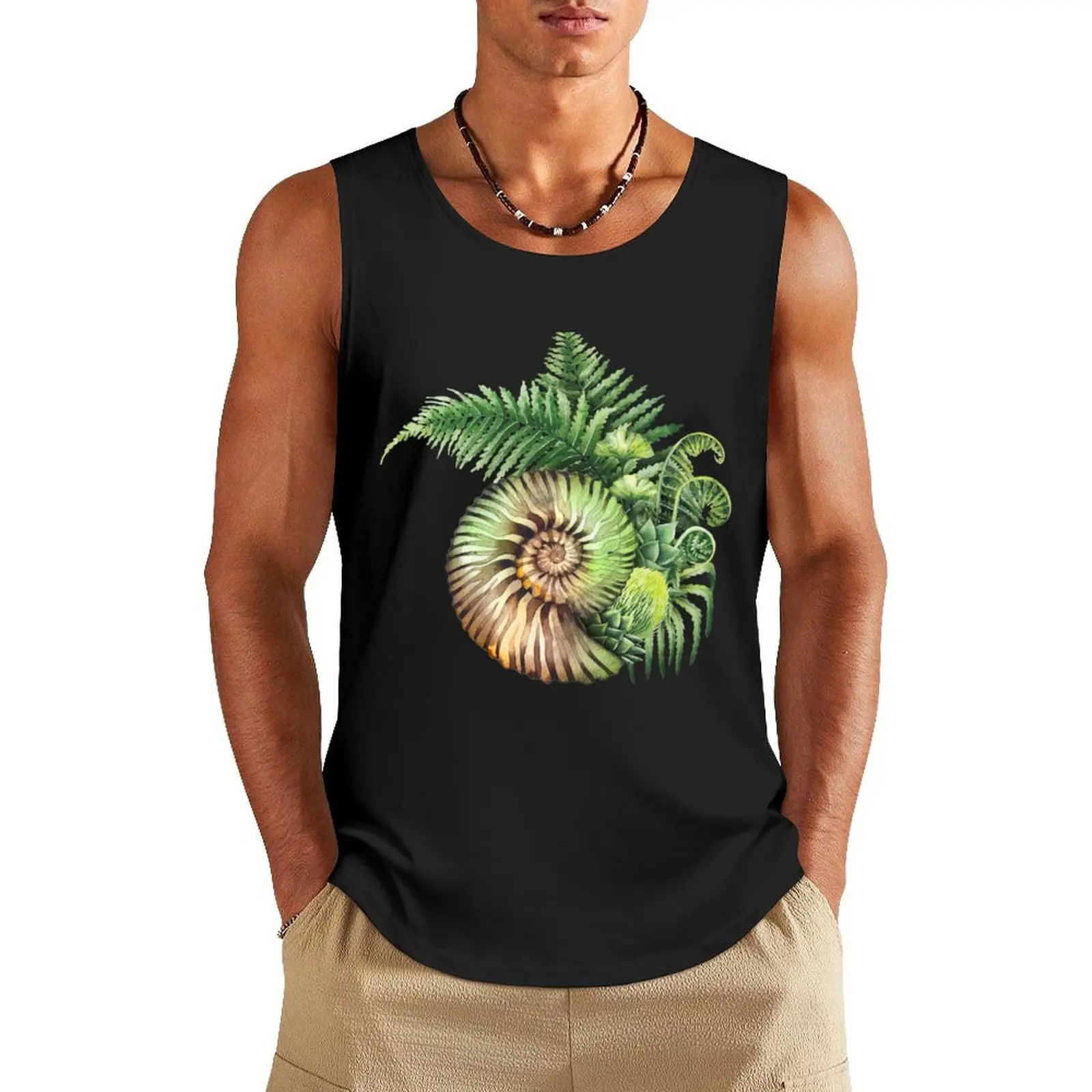 Prehistoric watercolor seashell and fern branches Tank Top Men's vest summer clothes for men sleeveless shirts