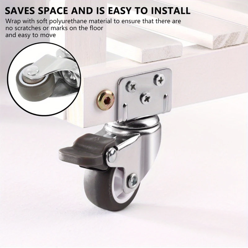 4PCS Side Mount Casters 1.25 Inch L-Shaped TPR Caster 360° Swivel Plate Locking Castor for Furniture,Kitchen,Cabinet,Table,Cart