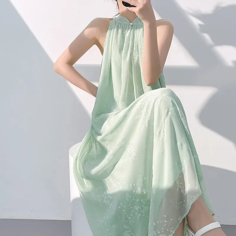 

Elegant Women's Halter Sleeveless Floral Embroidered Ankle Length Dress Beach Style Loose Fit Summer A Line Flowy Dress