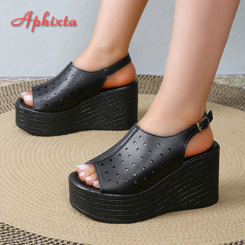 Aphixta Fashion Woman Black Sandals Side Buckle Peep Toe Women Summer Hollow Shoes Platform Sandal Lady Wedge Shoes Big Size 43