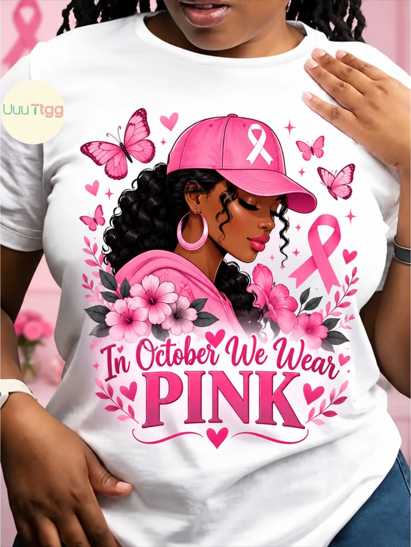 1 Piece, Male and Female, Breast Cancer Survivor, Blues Boxing Lady with Angel Wings Pink Ribbon Pattern T-shirt, Cognitive Support Casual Short-sleeved Top 180G 100%