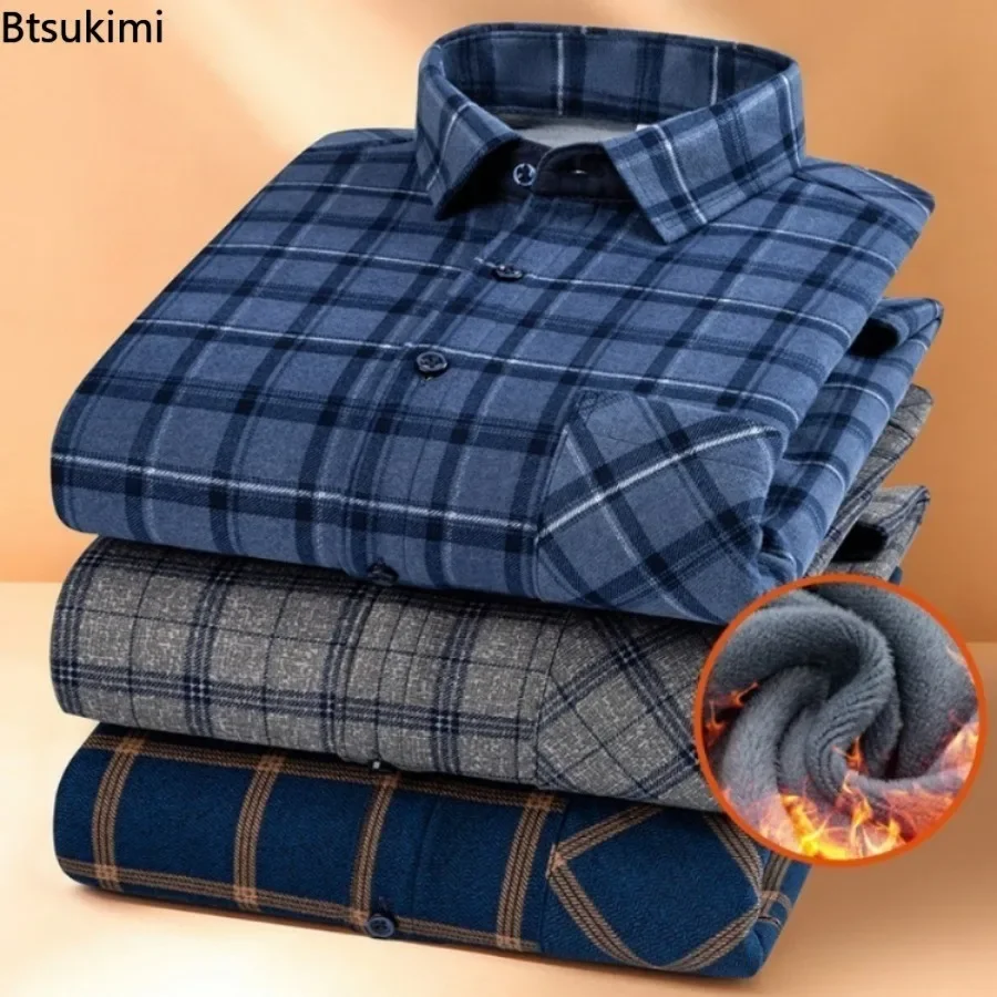 2023 Men\'s Thick Warm Long Sleeve Plaid Shirt Autumn Winter Fleece and Thick Warm Casual Shirts for Men Plus Size Plaid Shirt5XL