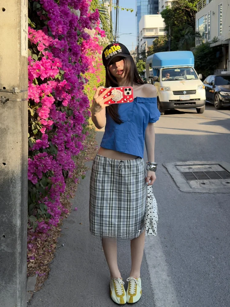 

MMFI2026 Early Spring High Waist Plaid Dstring A-Line Skirt Women's Slimming Versatile Skirts Trendy Polyester Cott...