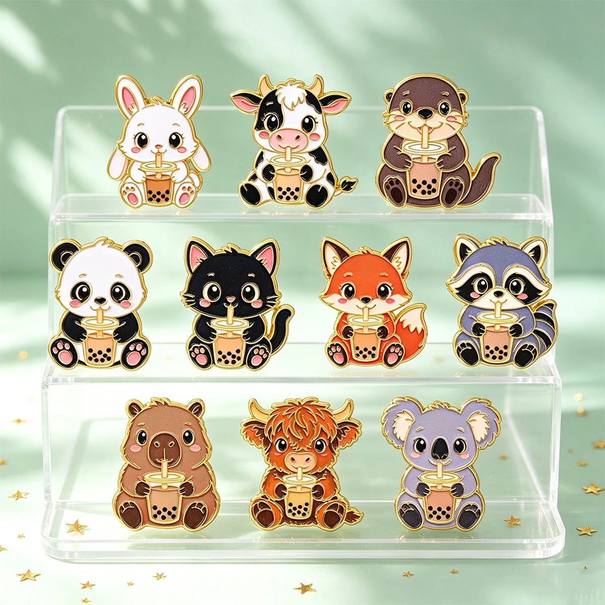 10pcs Lovely Kawaii Bubble Tea Animal Enamel Pin Set Fox Cat Panda Cow Brooch Lapel Pin Badge Accessories Fashion Jewelry Gifts