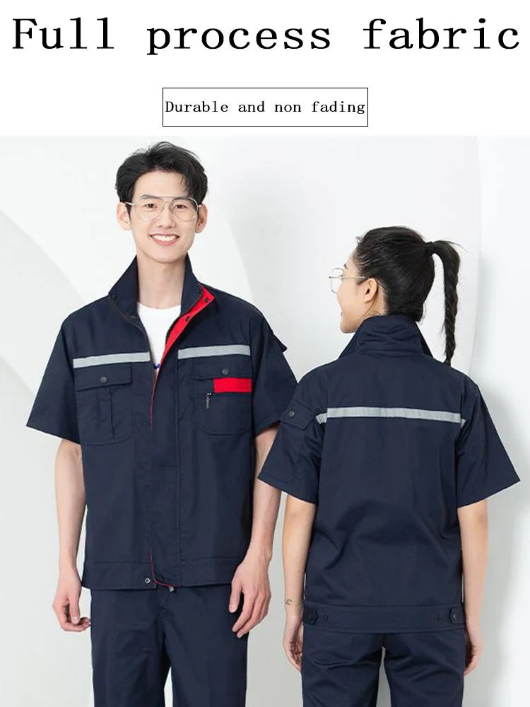 

Men's Summer Work Uniform Set Breathable Short Sleeve Shirt Pants with Abrasion Resistance Factory Maintenance Coveralls