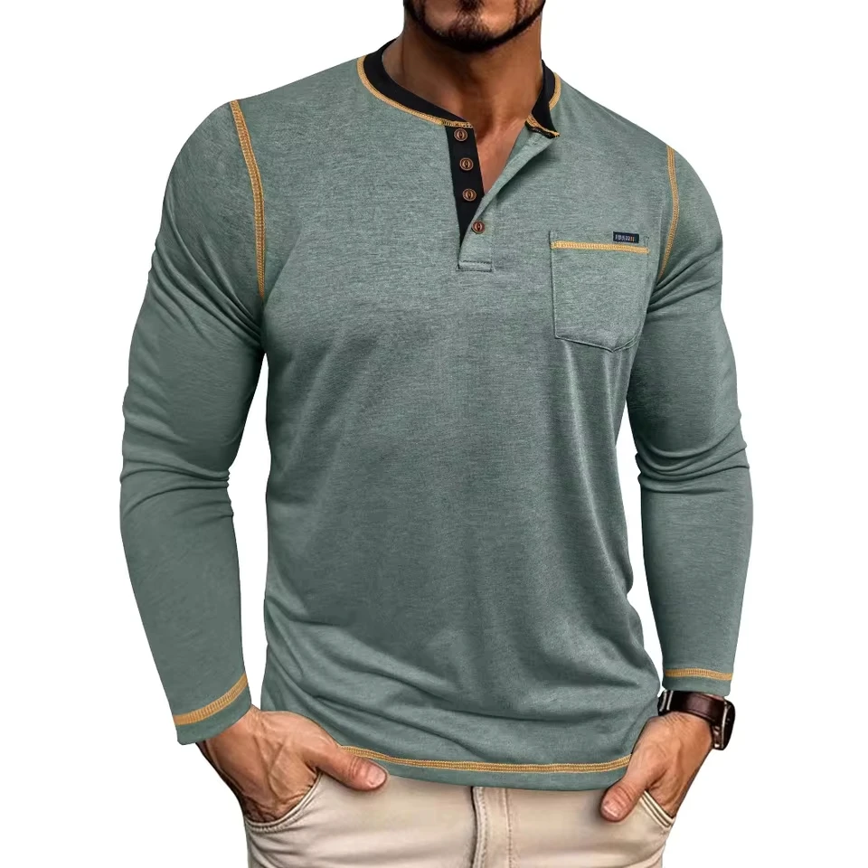 2025 Autumn Winter New Fashion American Men's Long Sleeve O-neck Button Casual Trendy Color-coded T-shirts Male Undershirts Tops