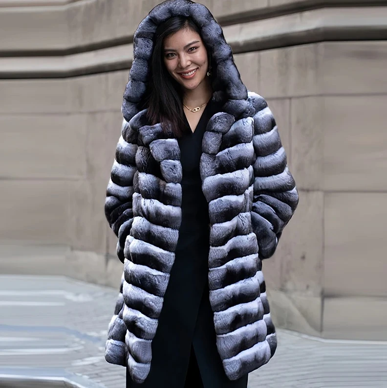 معطف نسائي من الفرو الصناعي بغطاء للرأس، سترة طويلة من القطيفة، ملابس خارجية شتوية دافئة على طراز شينشيلا، سميكة ورقيقة جديدة #3