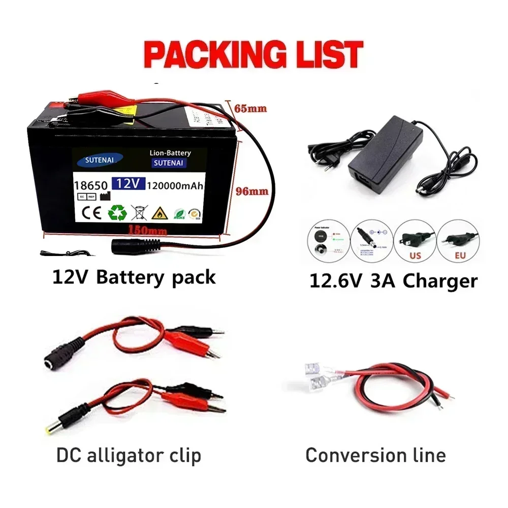 12V 120Ah 120000 mAh 18650 แบตเตอรี่ลิเธียม 30A sprayer Built-in high current BMS แบตเตอรี่รถยนต์ไฟฟ้า + 12.6V Charger