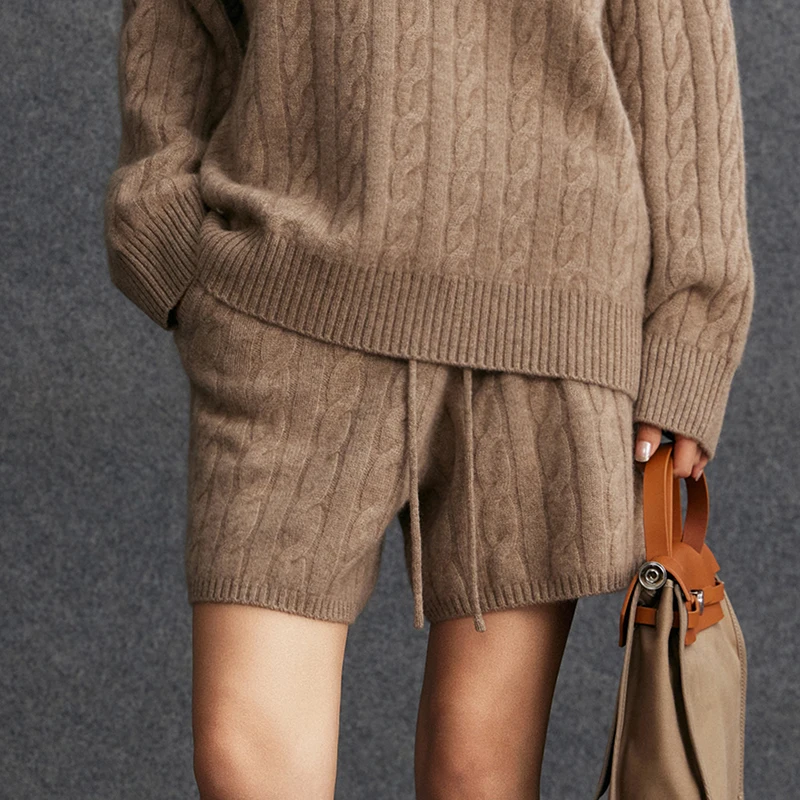 

Женские шорты из чистого кашемира с эластичным поясом, повседневные прямые шорты для весны, осени и зимы, 100% кашемировые вязаные шорты с узором косичка
