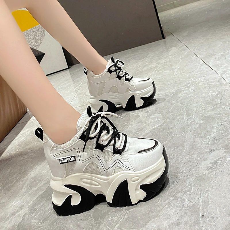 Spring Autumn Women Chunky Sneakers 11CM Hidden Heels Leather Casual Shoes Woman Crystal High Platform Ladies Sports Dad Shoes